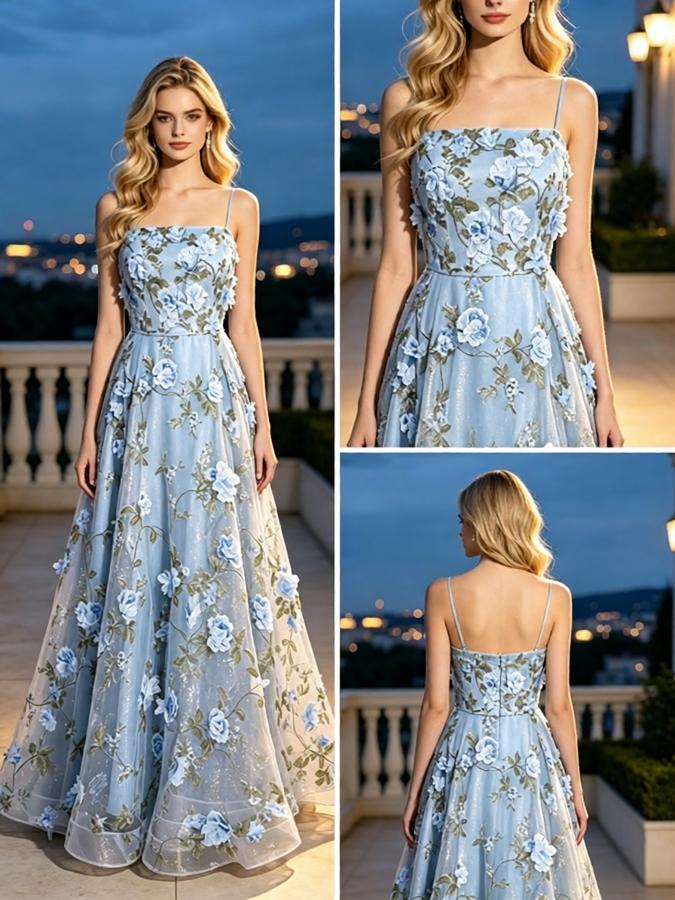 Floral Appliqué Tulle Spaghetti Strap Mesh A-Line Long Prom Dress,PDS118617