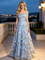 Floral Appliqué Tulle Spaghetti Strap Mesh A-Line Long Prom Dress,PDS118617