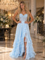 Luxury Lace Corset Spaghetti Strap Ruffled Chiffon Slit Long Prom Dress,PDS118749