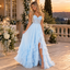 Luxury Lace Corset Spaghetti Strap Ruffled Chiffon Slit Long Prom Dress,PDS118749