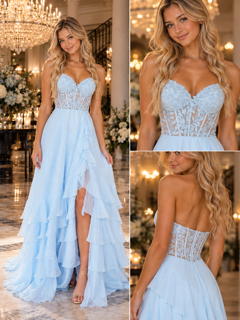 Luxury Lace Corset Spaghetti Strap Ruffled Chiffon Slit Long Prom Dress,PDS118749