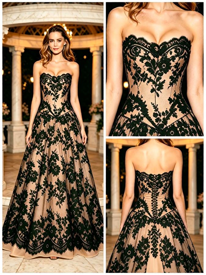 Black Lace Sweetheart Strapless Ballgown Tulle Formal Prom Dress,PDS118628