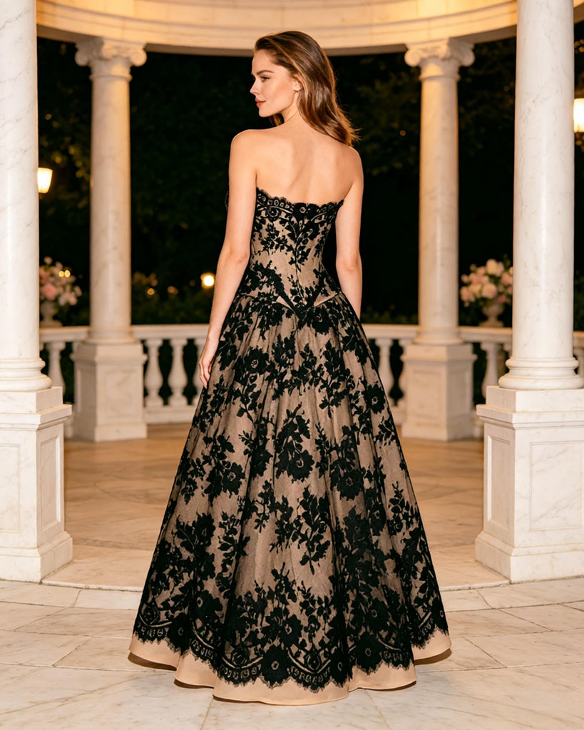 Black Lace Sweetheart Strapless Ballgown Tulle Formal Prom Dress,PDS118628