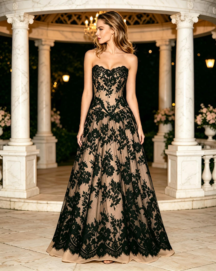 Black Lace Sweetheart Strapless Ballgown Tulle Formal Prom Dress,PDS118628