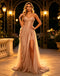 Champagne Strapless Shimmer Tulle High Slit Pleated Long Prom Dress,PDS118629