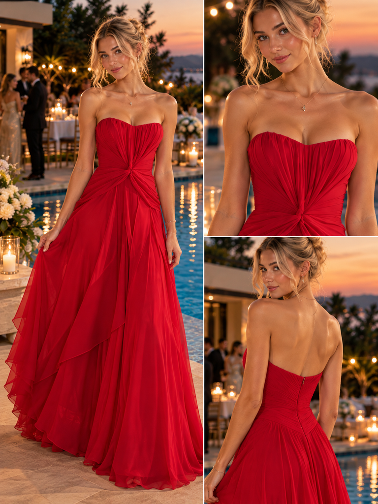 Elegant Strapless Twist Knot Flowy Chiffon A Line Formal Evening Dress,PDS118750