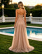 Champagne Strapless Shimmer Tulle High Slit Pleated Long Prom Dress,PDS118629