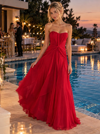 Elegant Strapless Twist Knot Flowy Chiffon A Line Formal Evening Dress,PDS118750