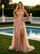 Champagne Strapless Shimmer Tulle High Slit Pleated Long Prom Dress,PDS118629