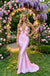 Light Pink Deep V Cutout Satin Mermaid Long Prom Party Dress,PDS118630