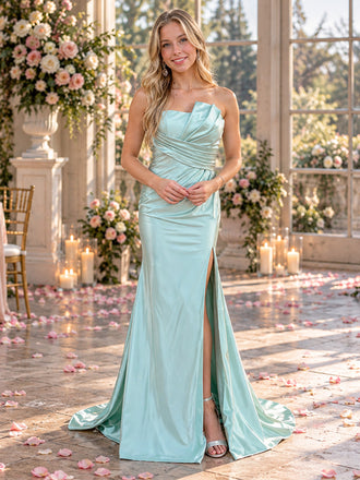 Glamorous Strapless Ruched Satin Mermaid Slit Long Evening Dress,PDS118751
