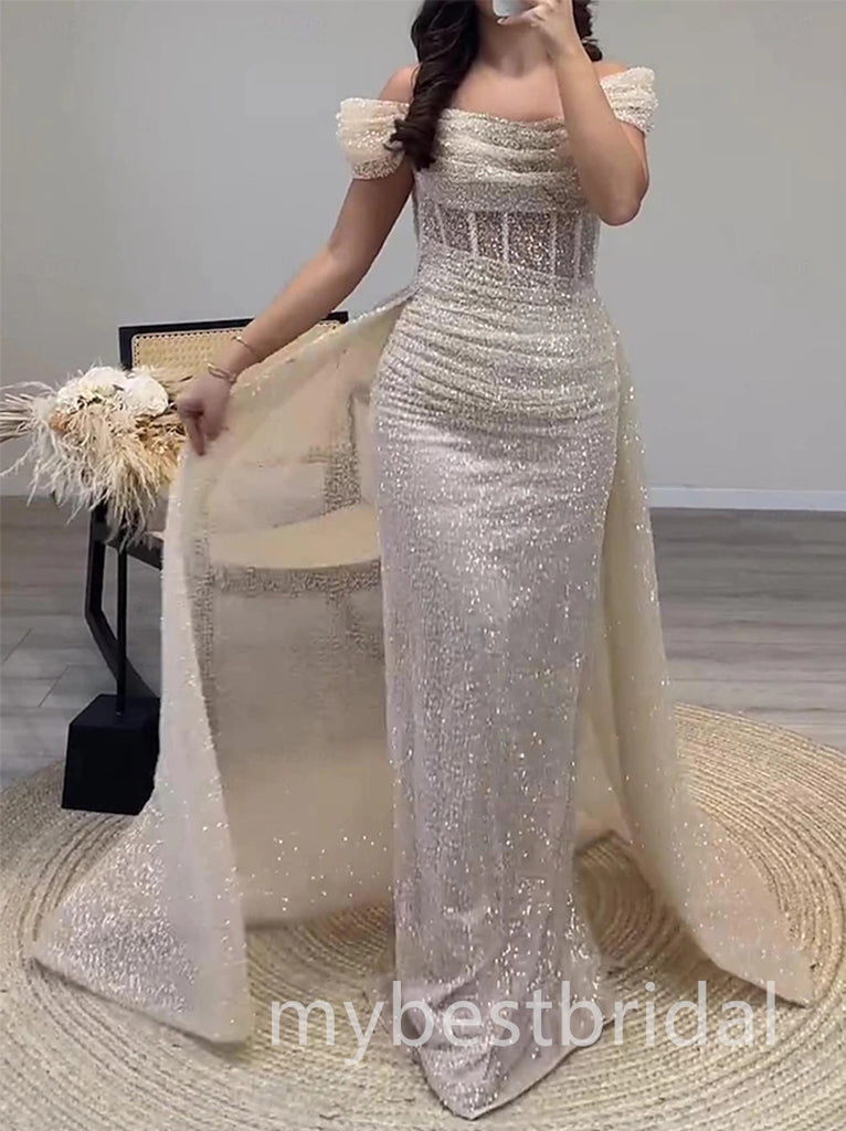 Sparkly Ivory Off Shoulder Sleeveless Mermaid Long Prom Dress,PDS11672