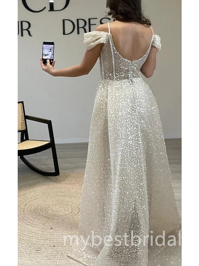 Sparkly Ivory Off Shoulder Sleeveless Mermaid Long Prom Dress,PDS11672