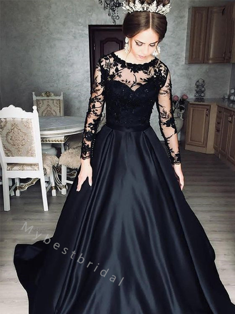 Black Elegant Sweetheart Long sleeves A-line Long Floor Length Prom Dress,PDS11499