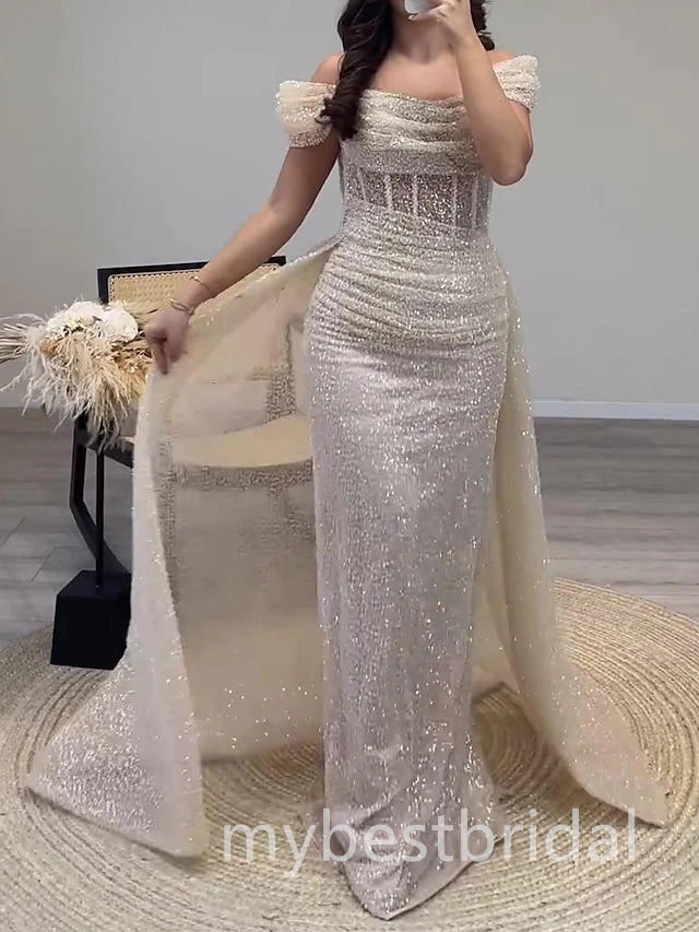 Sparkly Ivory Off Shoulder Sleeveless Mermaid Long Prom Dress,PDS11672