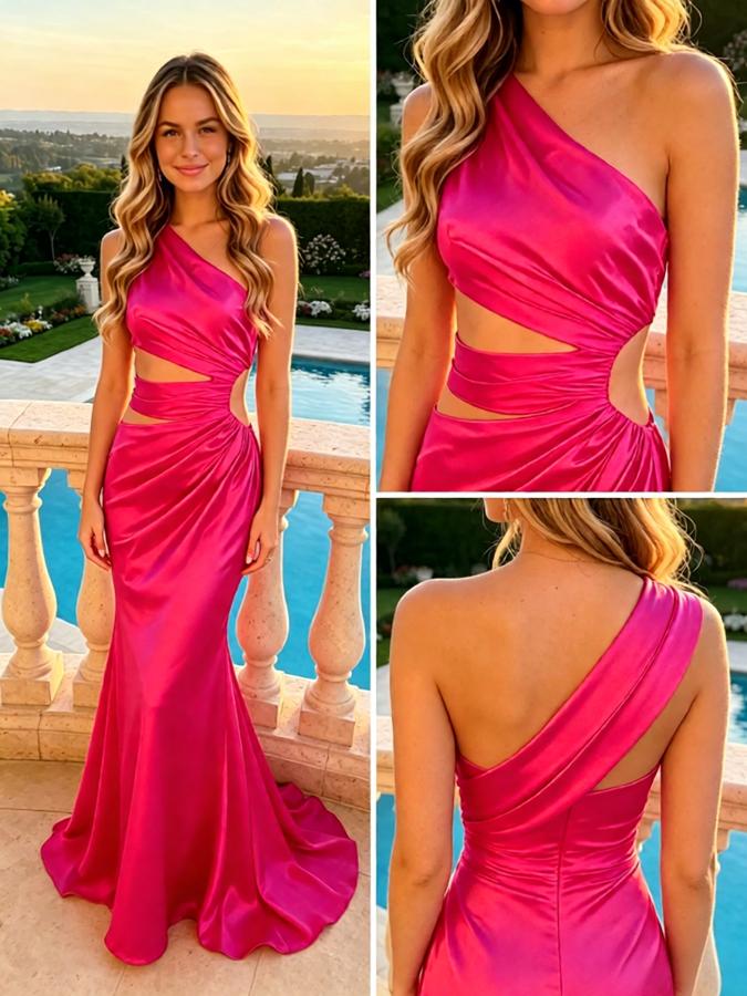 Fuchsia One Shoulder Cutout Satin Mermaid Evening Prom Dress,PDS118631