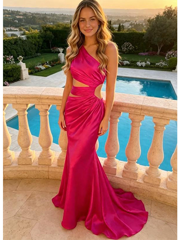 Fuchsia One Shoulder Cutout Satin Mermaid Evening Prom Dress,PDS118631