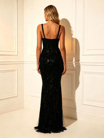Black Sequin Corset V-Neck High Slit Fringe Midi Party Dress,PDS118632