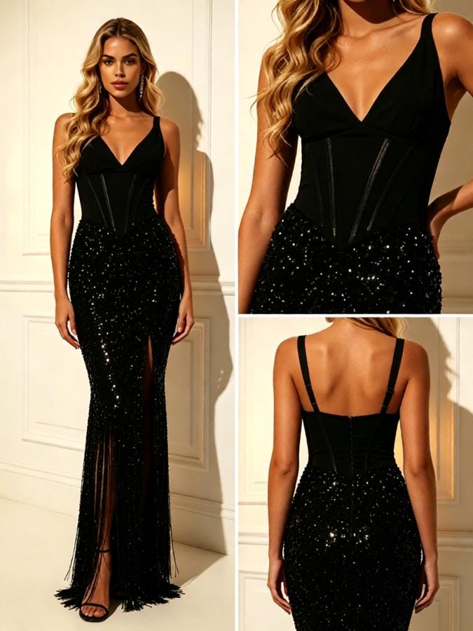 Black Sequin Corset V-Neck High Slit Fringe Midi Party Dress,PDS118632