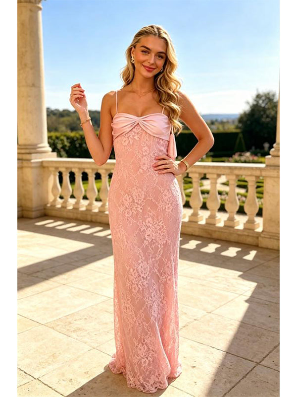 Blush Pink Spaghetti Strap Bow Lace Slim Long Prom Dress,PDS118633
