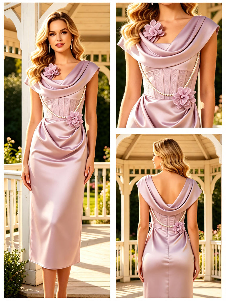 Lavender Satin Cowl Neck Floral Midi Formal Evening Dress,PDS118634