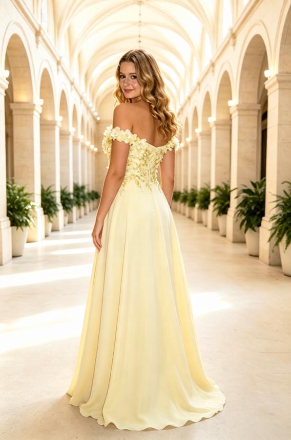 Pale Yellow Off Shoulder 3D Floral Chiffon High Slit Prom Dress,PDS118635