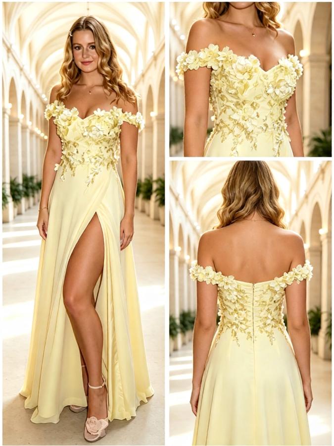 Pale Yellow Off Shoulder 3D Floral Chiffon High Slit Prom Dress,PDS118635