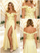 Pale Yellow Off Shoulder 3D Floral Chiffon High Slit Prom Dress,PDS118635