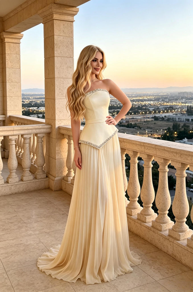Cream Beaded Strapless Pleated Chiffon A-Line Long Evening Dresss,PDS118636