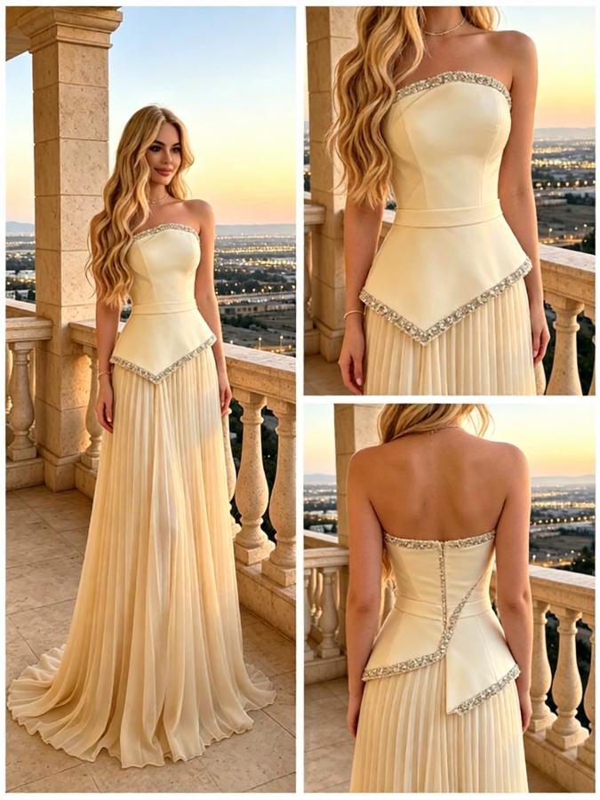 Cream Beaded Strapless Pleated Chiffon A-Line Long Evening Dresss,PDS118636