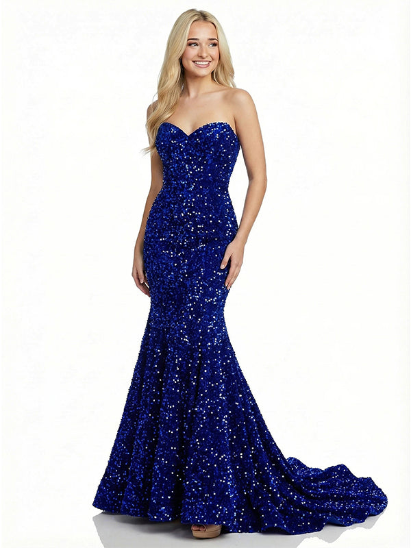 Sparkly Royal Blue Sweetheart Sleeveless Mermaid Long Prom Party Dress,PDS11762