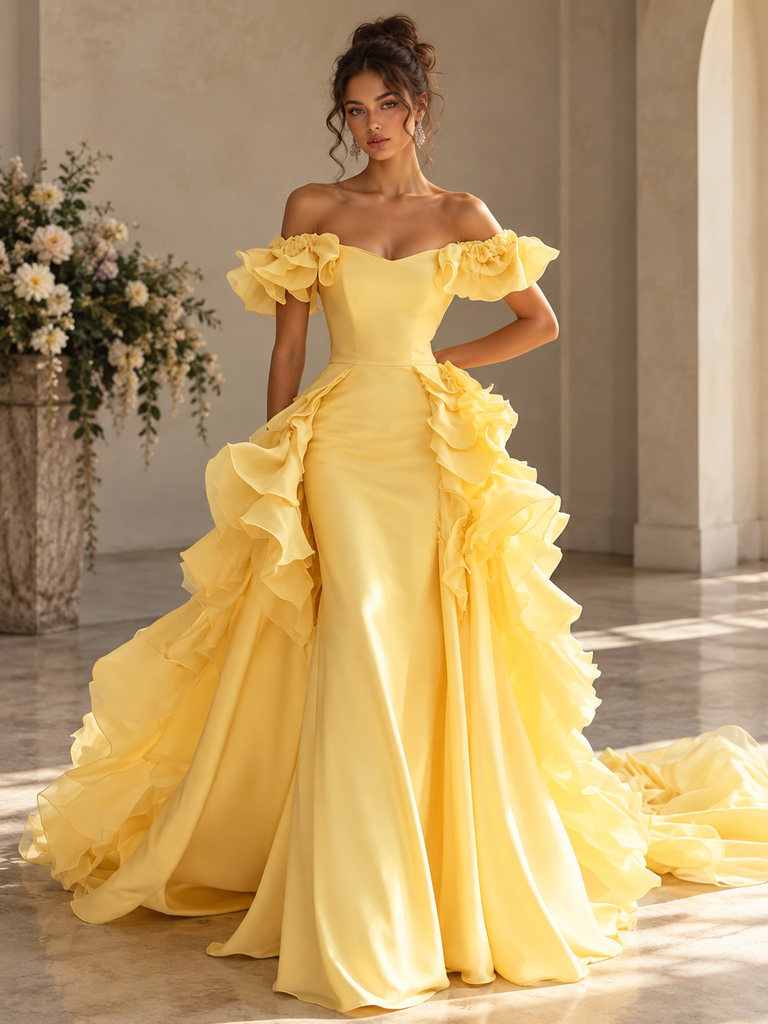 Pretty Yellow Chiffon Off Shoulder Ruffled Mermaid Train Evening Dress,PDS118787