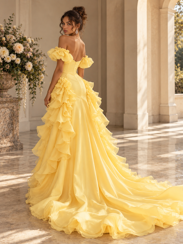 Pretty Yellow Chiffon Off Shoulder Ruffled Mermaid Train Evening Dress,PDS118787