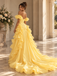 Pretty Yellow Chiffon Off Shoulder Ruffled Mermaid Train Evening Dress,PDS118787