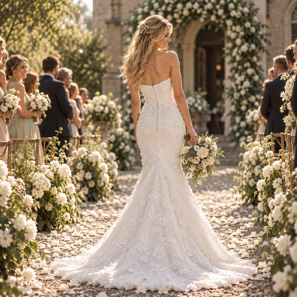 Luxury Strapless 3D Floral Lace Appliques Mermaid Bridal Wedding Gown, WD0405