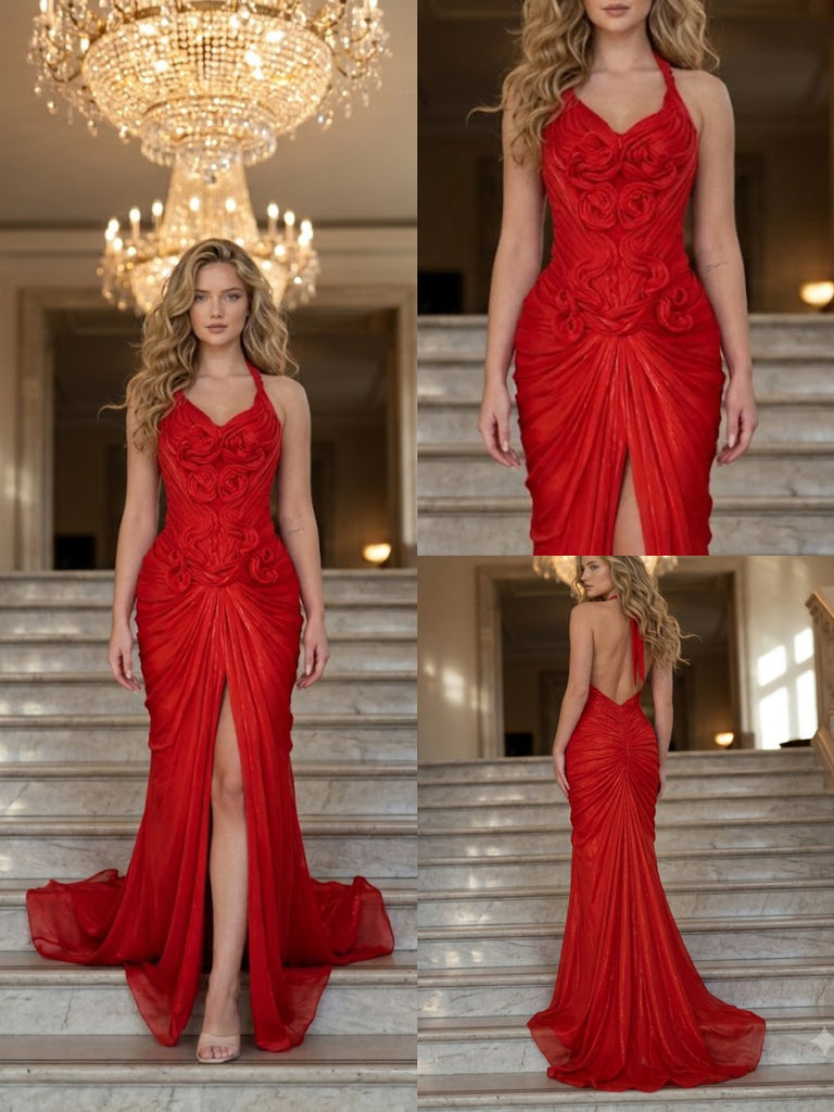 Sexy Red Halter 3D Floral Ruched Chiffon Slit Mermaid Evening Dress,PDS118817
