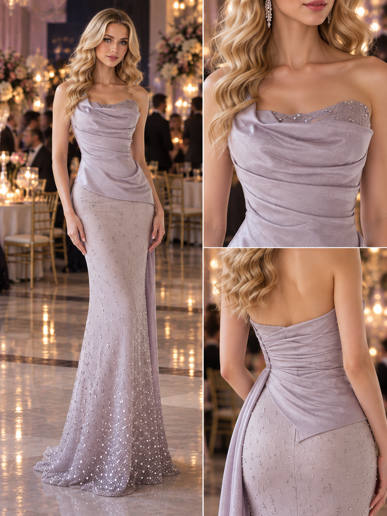 Glam Silver Draped Neck Ombre Beaded Mermaid Prom Dress,PDS118546