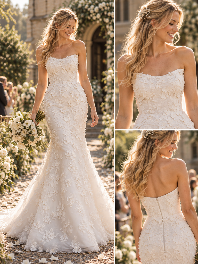 Luxury Strapless 3D Floral Lace Appliques Mermaid Bridal Wedding Gown, WD0405