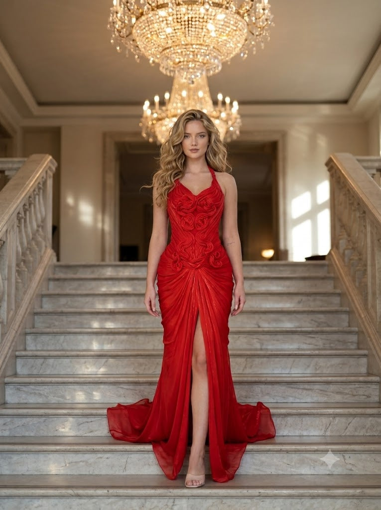 Sexy Red Halter 3D Floral Ruched Chiffon Slit Mermaid Evening Dress,PDS118817