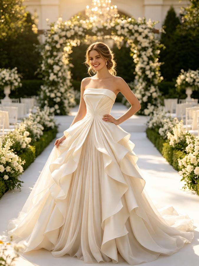 Sparkly Pleats Sleeveless Organza A-Line Floor Length Wedding Dresses, WD0387