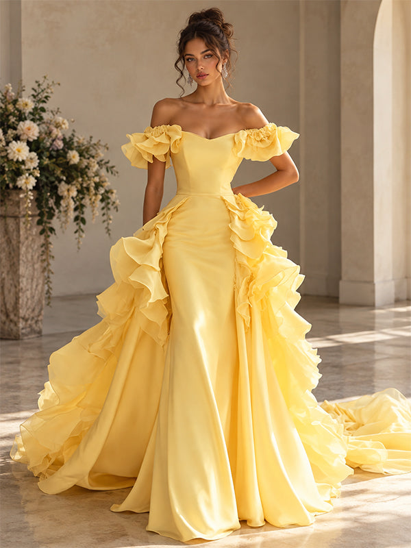 Pretty Yellow Chiffon Off Shoulder Ruffled Mermaid Train Evening Dress,PDS118787