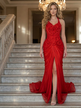 Sexy Red Halter 3D Floral Ruched Chiffon Slit Mermaid Evening Dress,PDS118817