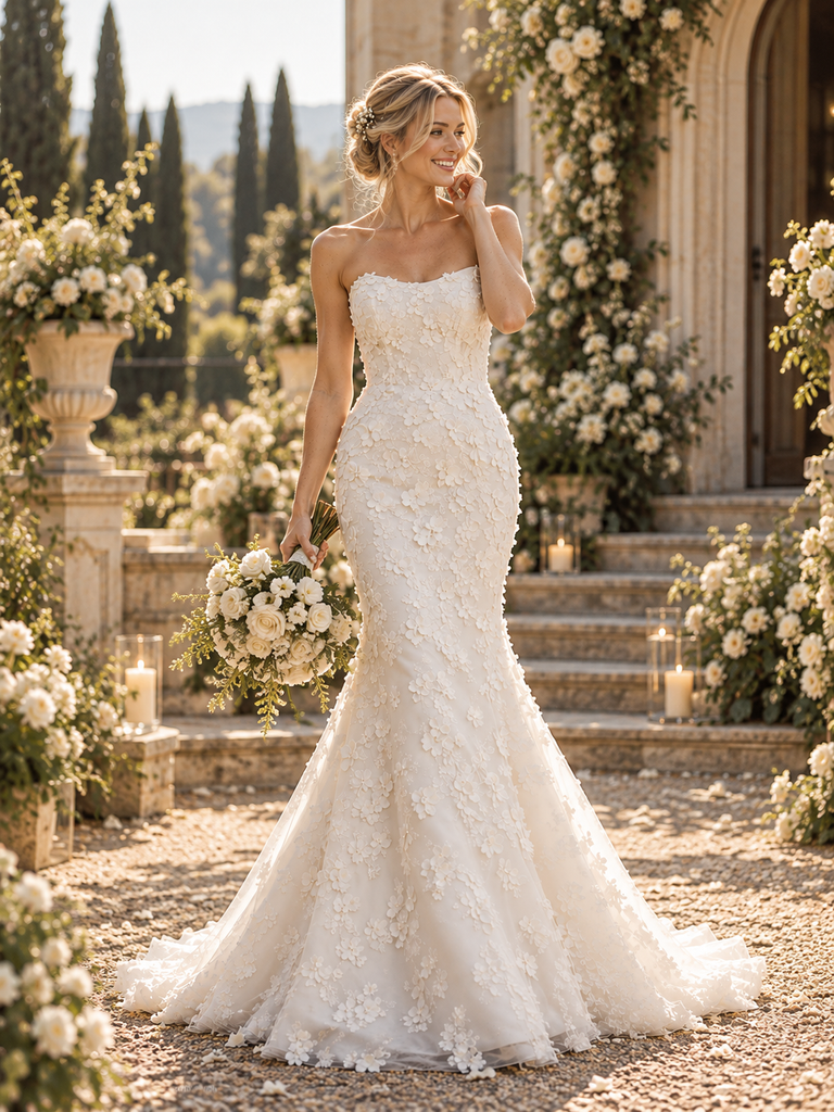 Luxury Strapless 3D Floral Lace Appliques Mermaid Bridal Wedding Gown, WD0405