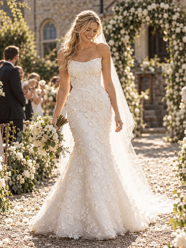 Luxury Strapless 3D Floral Lace Appliques Mermaid Bridal Wedding Gown, WD0405