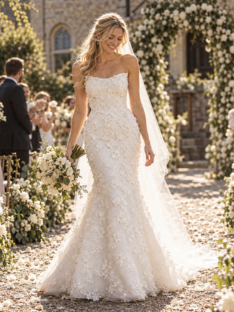Luxury Strapless 3D Floral Lace Appliques Mermaid Bridal Wedding Gown, WD0405