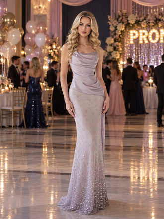 Glam Silver Draped Neck Ombre Beaded Mermaid Prom Dress,PDS118546