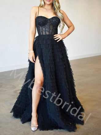 Elegant Spaghetti straps Sweetheart Side slit A-line Long Prom Dress,PDS1096