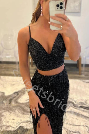 Sexy Spaghetti straps V-neck Side slit Mermaid Long Prom Dress,PDS1106
