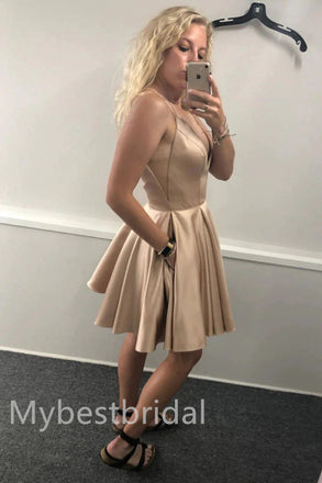 Simple V-neck Sleeveless A-line Short Mini Homecoming Dress,  HDS0128