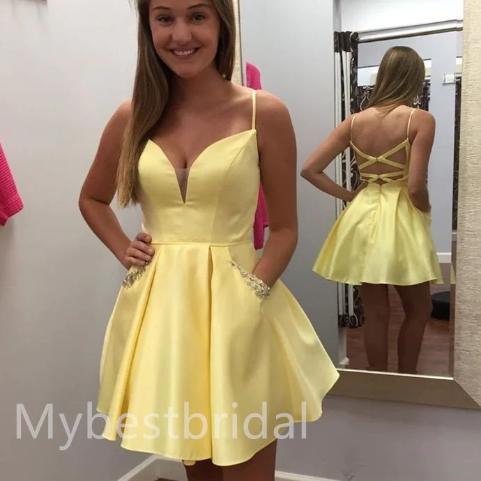 Yellow V-neck Sleeveless A-line Short Mini Homecoming Dress,  HDS0157